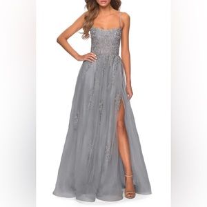 La Femme Floral Embroidered Tulle Gown